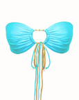multi-way bikini top in aqua with gold beads and multicolored strings adjustable for large busts