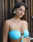 multi-way bikini top in aqua with gold beads and multicolored strings adjustable for large busts