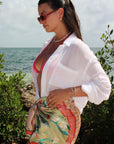 satin like multi use sarong pareo in multicolor print outfit