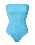 Blue patterned strapless one piece swimsuit