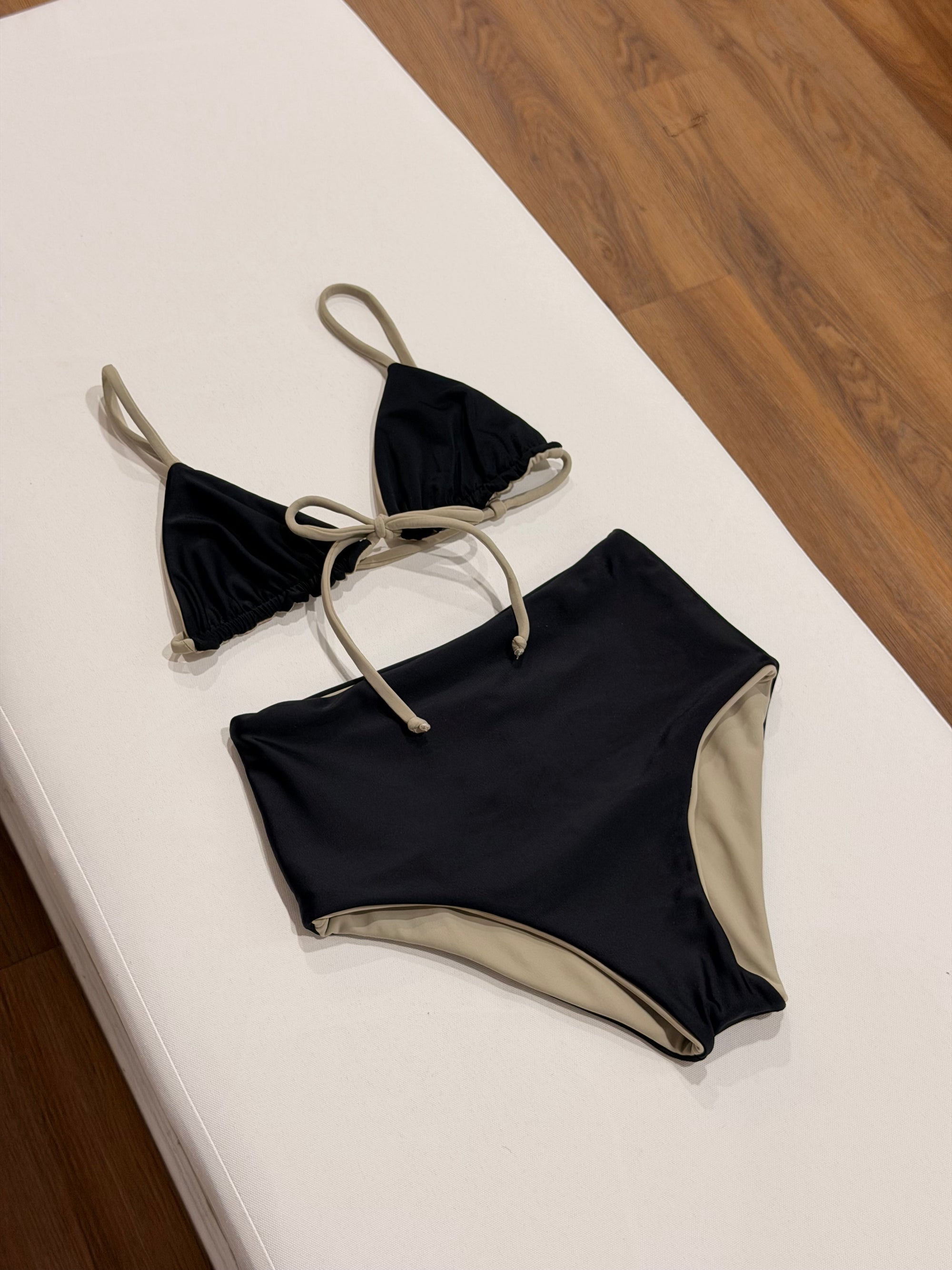 Lina Top + High Tide Bottom Bikini Set in Reversible Black/Stone