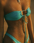 multi-way bikini top with gold beads and multicolored strings 