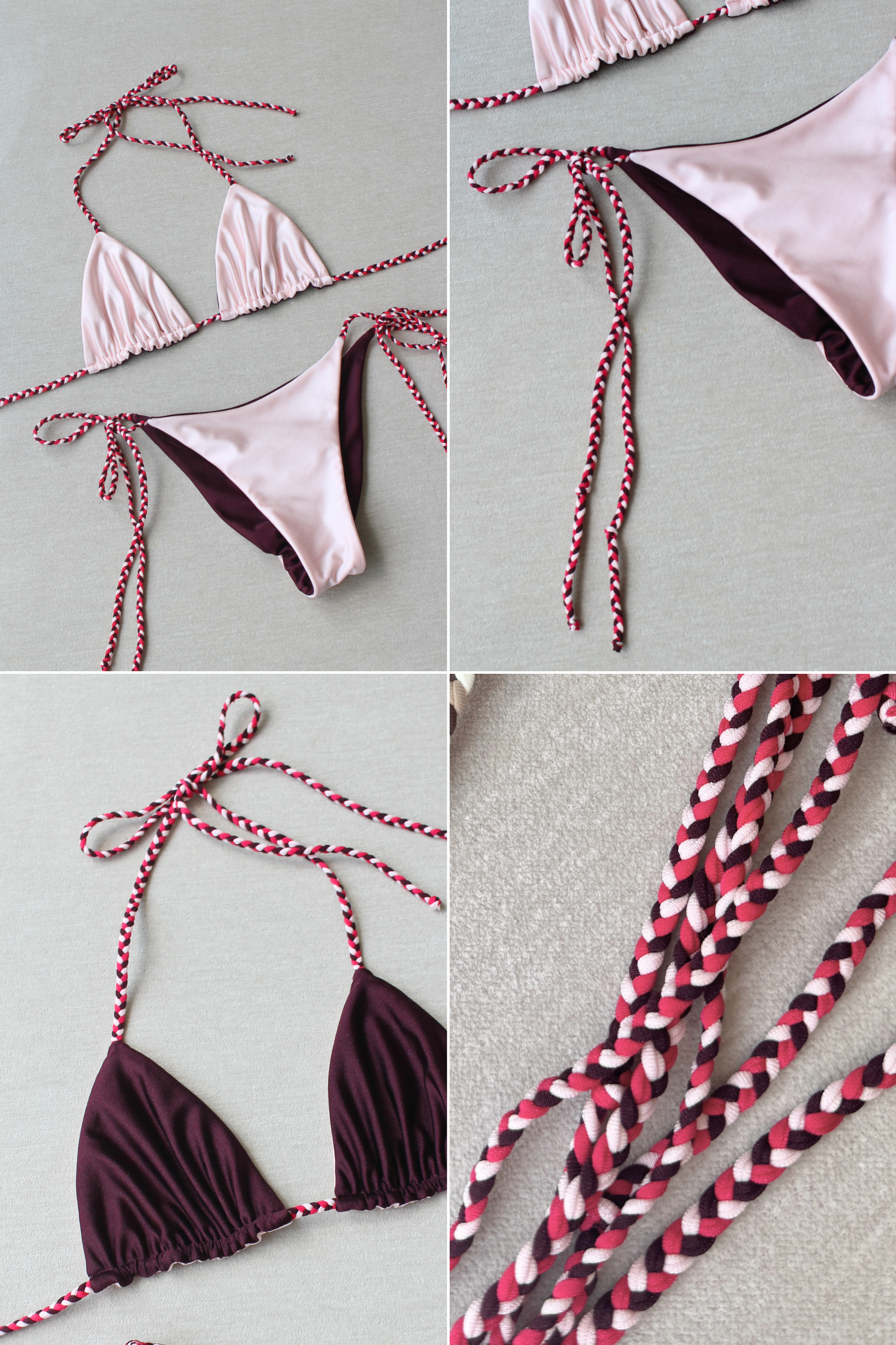 reversible micro braided tie bottom swimsuit pink