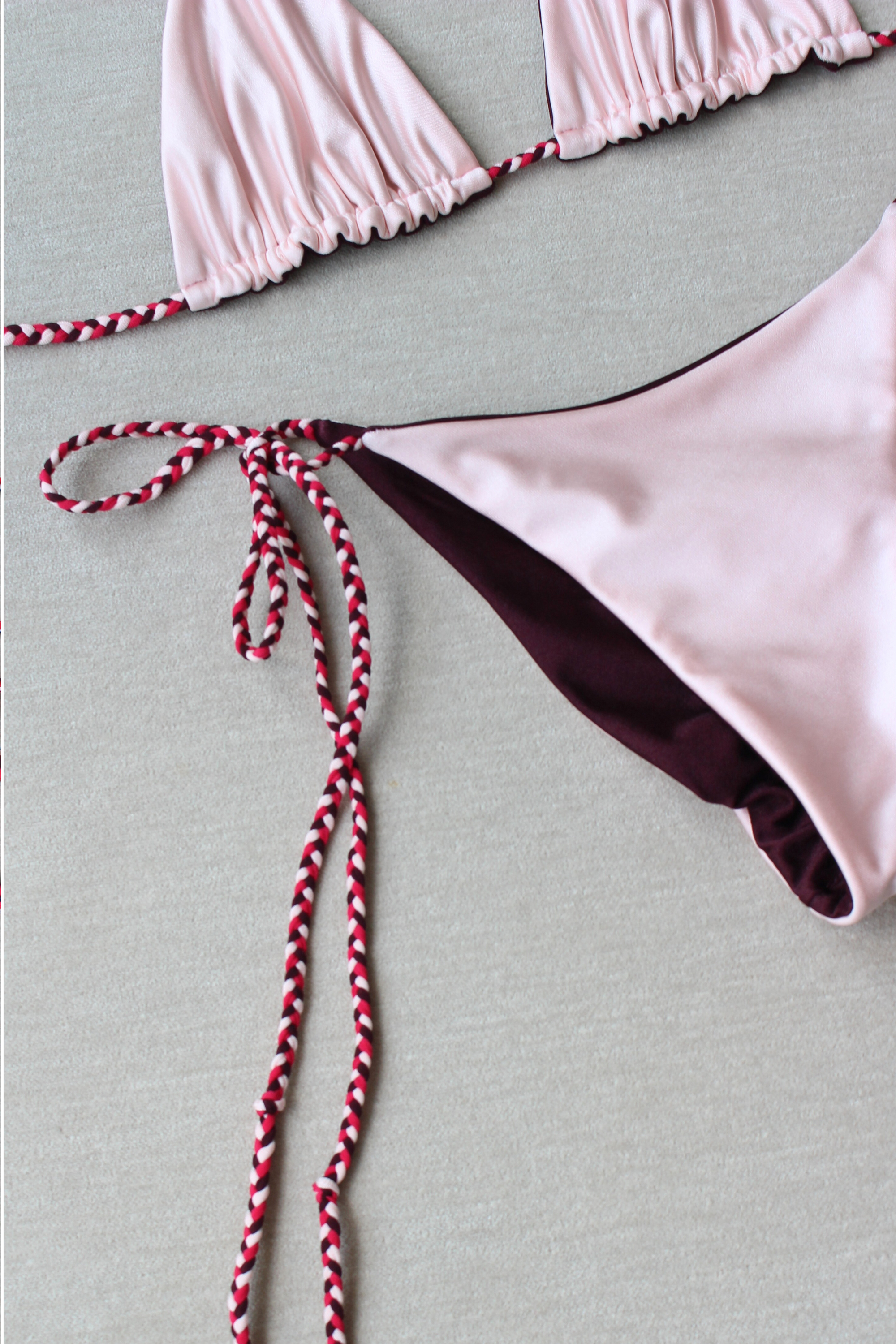 reversible plum and pink triangle bikini top braided swimsuit