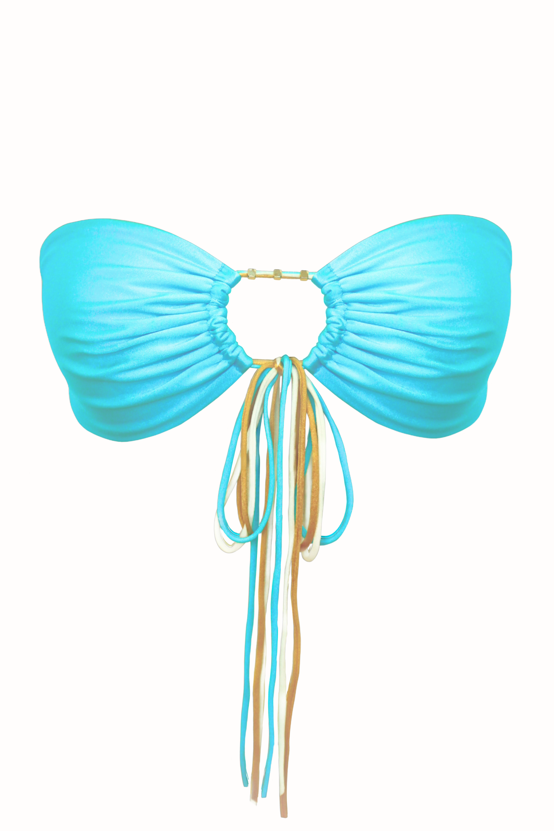 multi-way bikini top in aqua with gold beads and multicolored strings adjustable for large busts