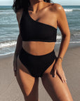 Supportive one shoulder adjustable textured black swimsuit
