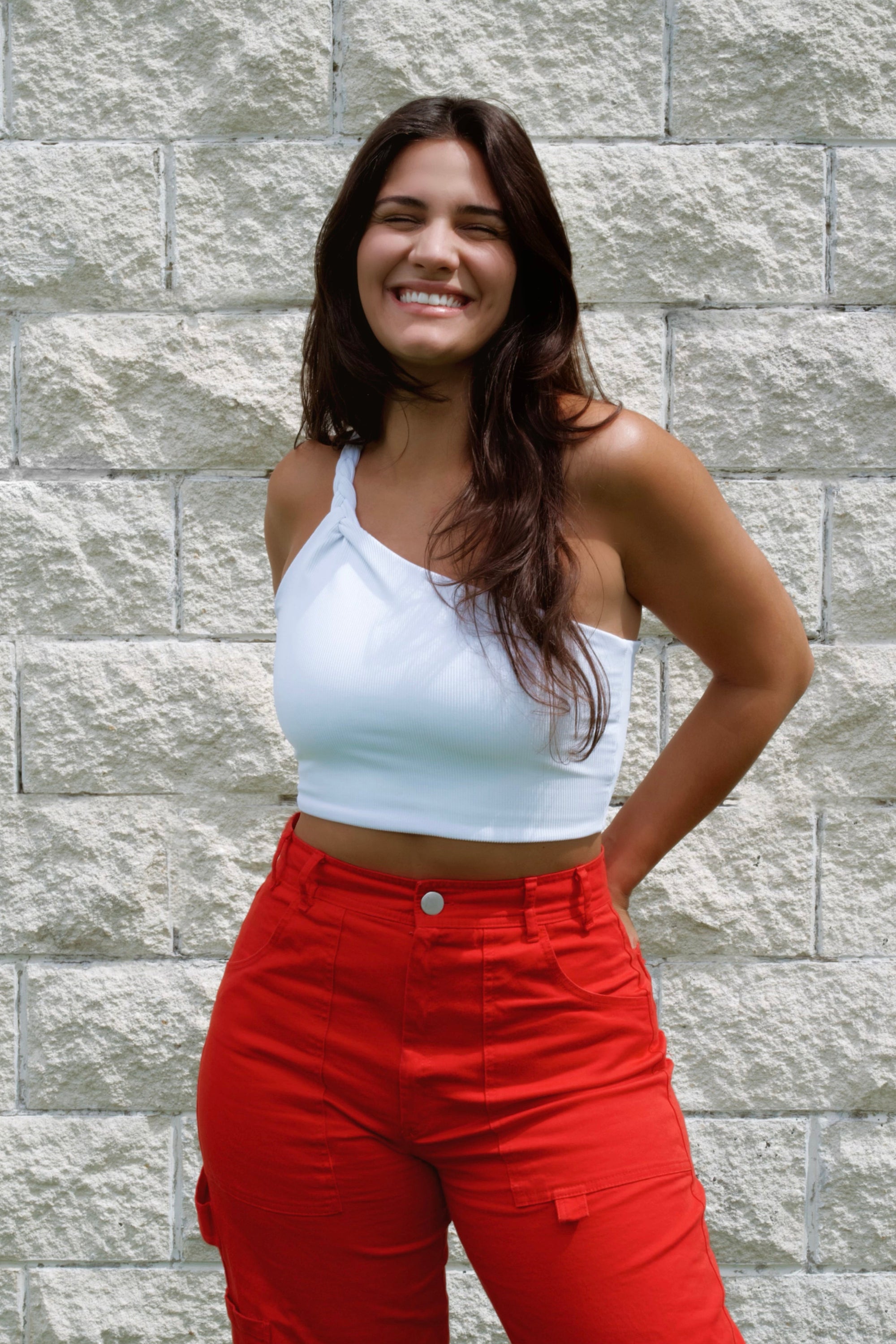 One shoulder crop top braided top quality in white ribbed