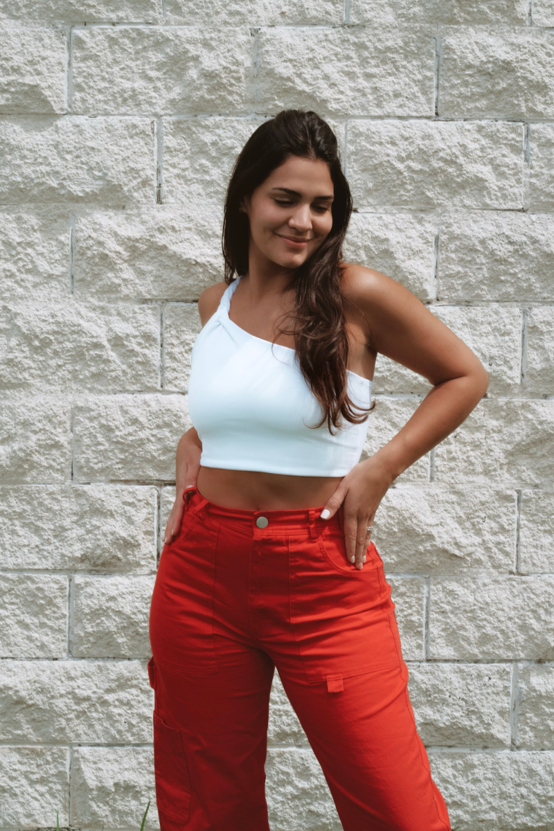 One shoulder crop top braided top quality in white ribbed
