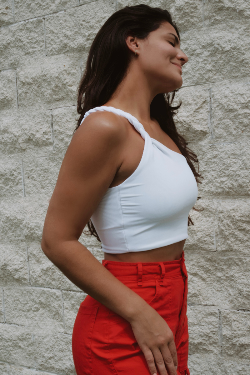 One shoulder crop top braided top quality in white ribbed