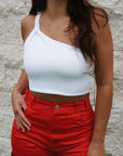 One shoulder crop top braided top quality in white ribbed