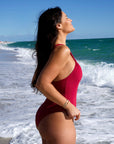 red flattering reversible braided one piece