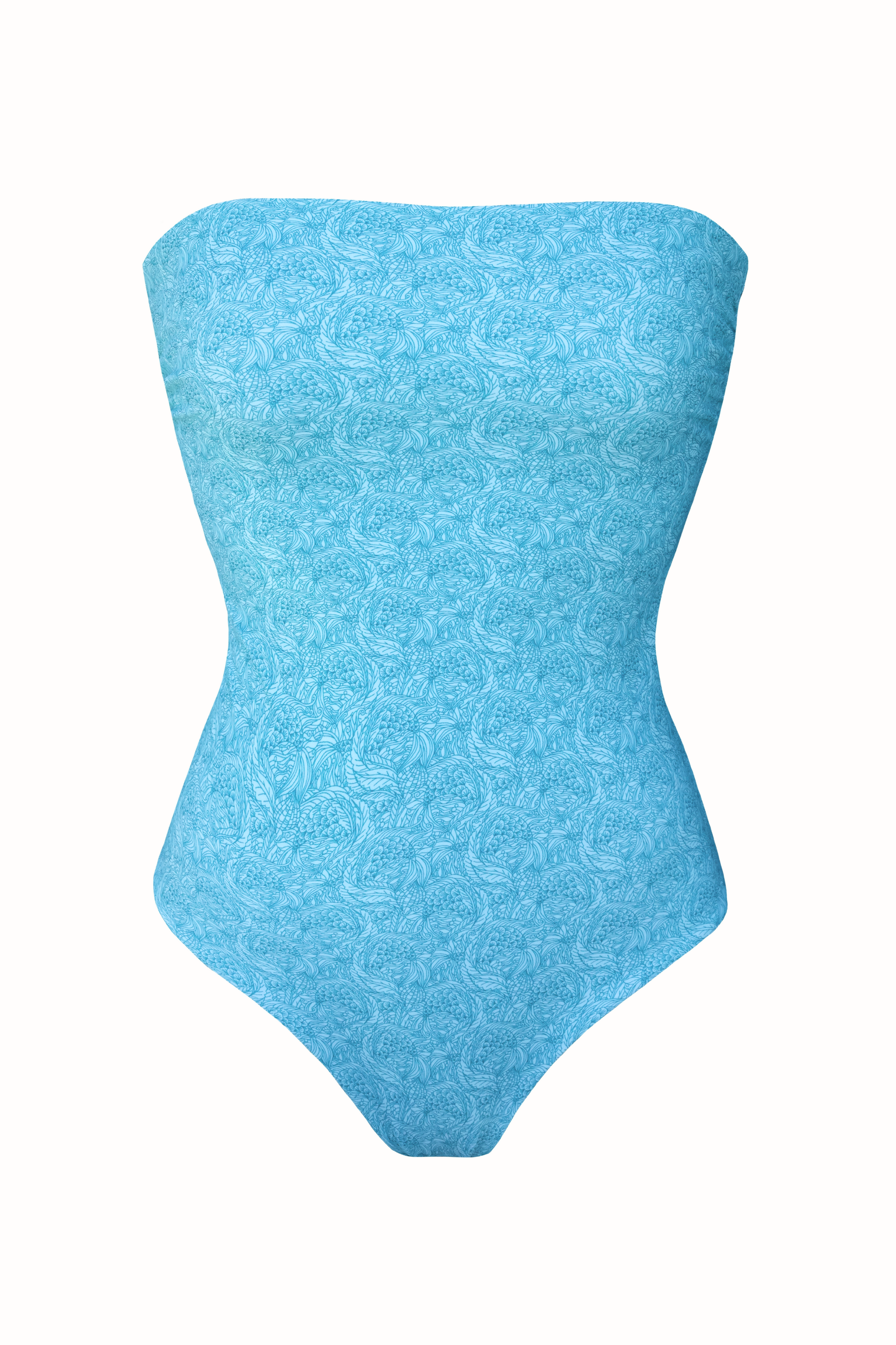 Blue patterned strapless one piece swimsuit 